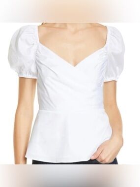 Kate Spade White Puff-Sleeve Shirt Wrap Peplum Blouse Short Sleeve Top